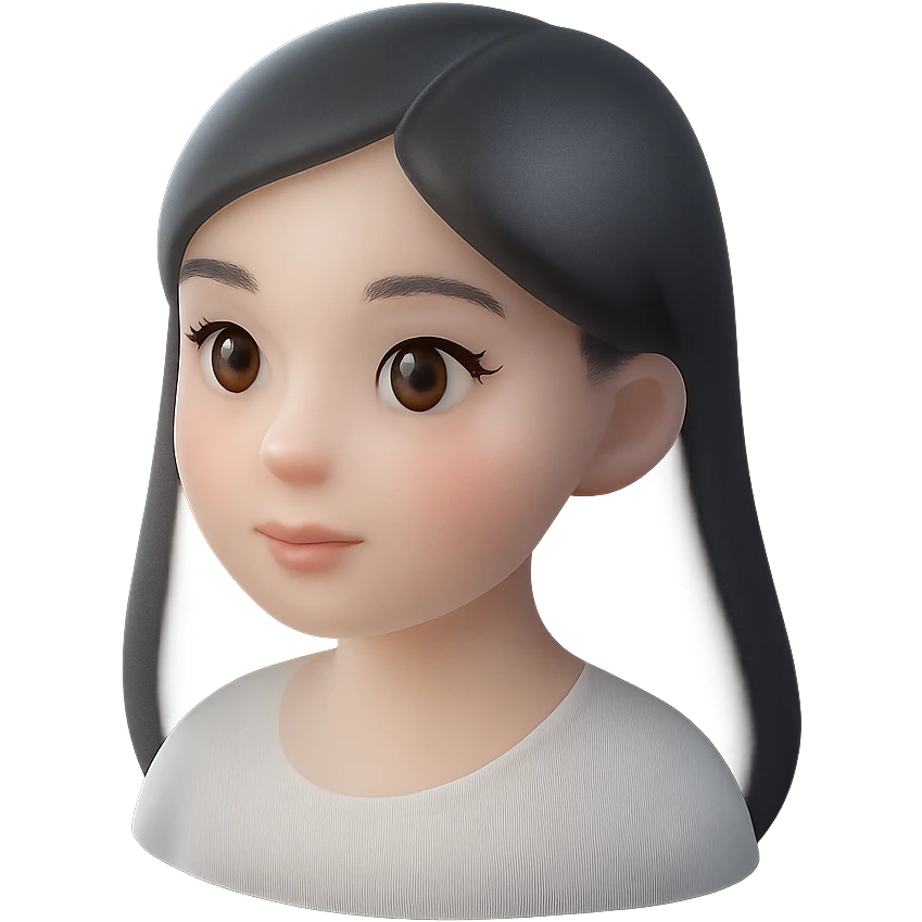 light skinned girl with round, slightly upturned brown eyes with long lashes, medium sized full blush colored lips, slightly chubby cheeks, long straight black hair, wearing a simple white blouse emoji