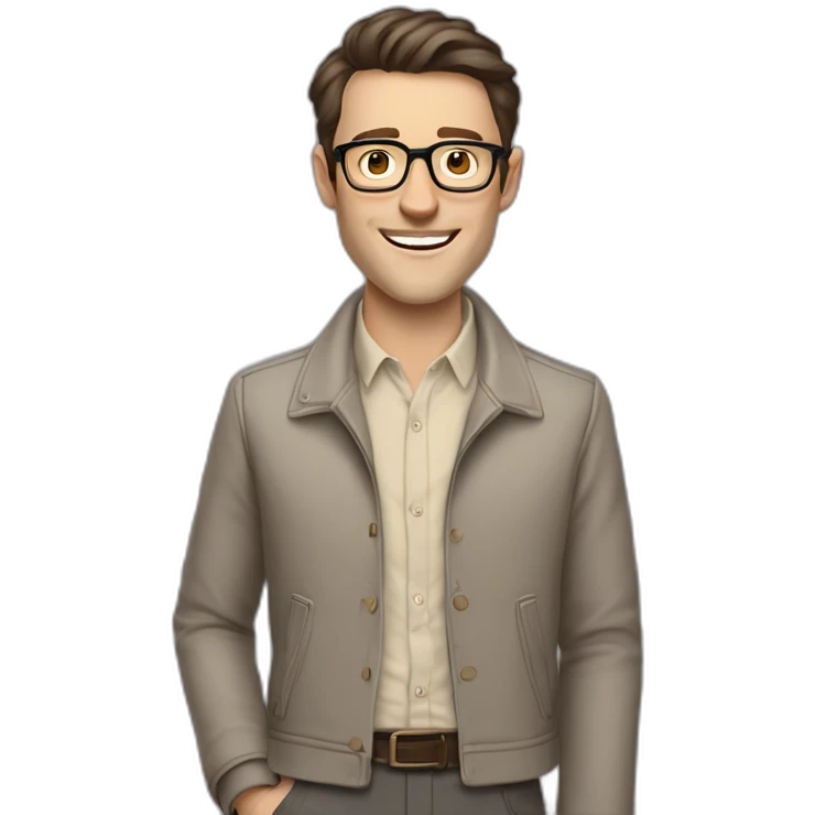 Joyful Full height Pale skinned Fit Man With dark brown hair in gray classic jacket, beige office shirt, Brown pants and vintage glasses. Thrumbs of his palms are up emoji