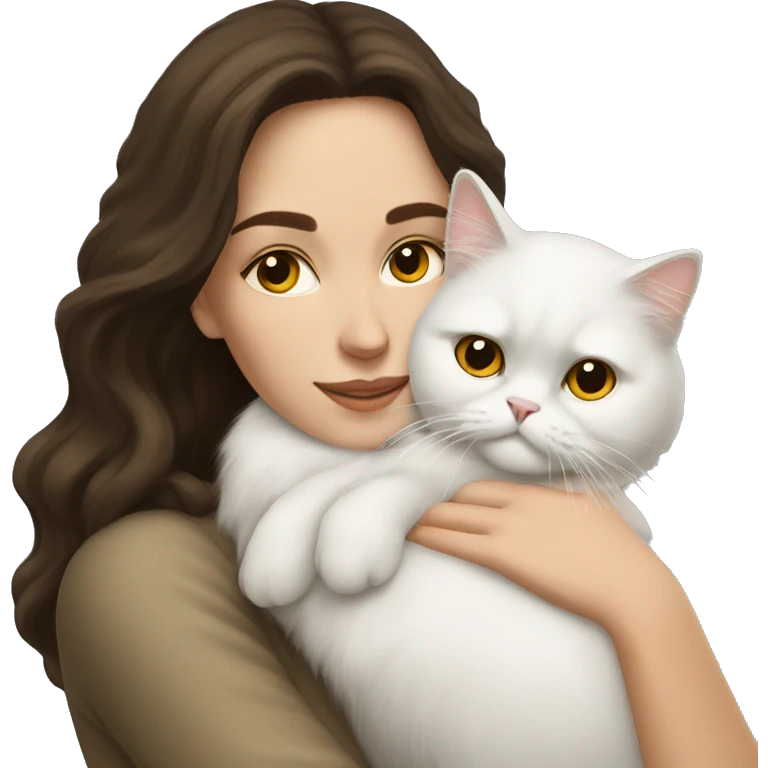 Brunette woman snuggling white Persian cat emoji