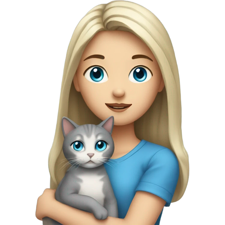 a girl with blue eyes and she is holding a grey cat emoji