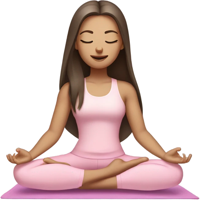 Brunette long hair and blue eyes yoga beautiful girl in light pink pink pink clothes sitting on a yoga mat with eyes closed emoji