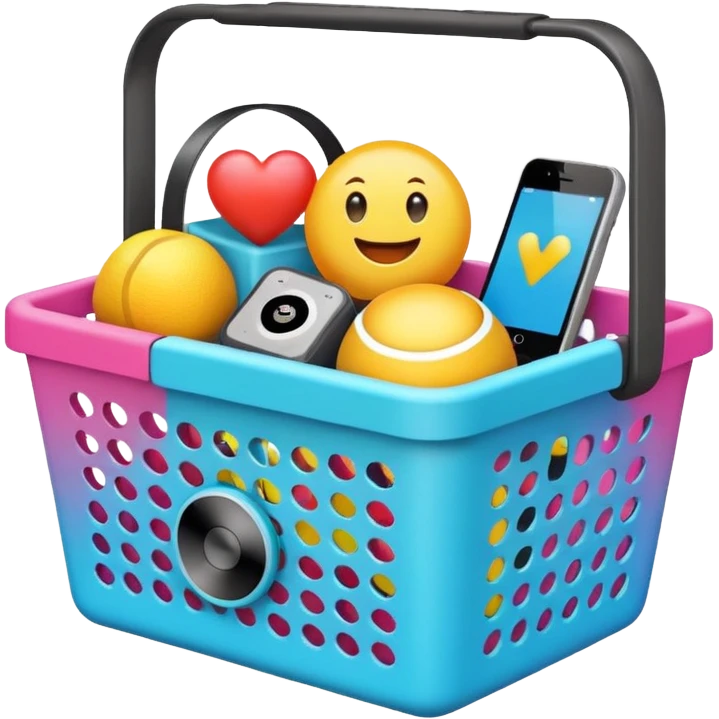shopping basket filled with a smart speaker, fitness tracker, and digital camera emoji emoji