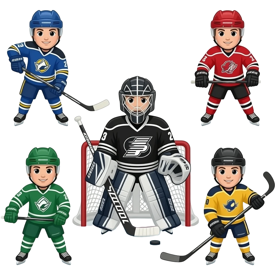 I need Emojis for hockey positions

Center

Right Wing

Left Wing

Right Defense

Left Defense

Goalie emoji