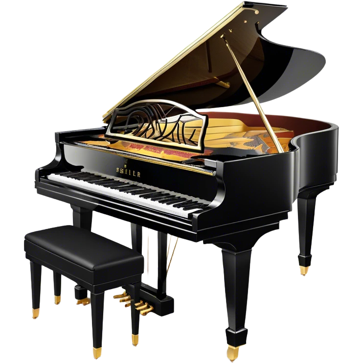 Create an elegant and detailed emoji representing the Seiler 278 Konzert grand piano. The design should feature the grand piano's polished black body with shiny, reflective surfaces, capturing its high-quality craftsmanship. The black and white keys should be clearly visible, with the curved shape of the grand piano’s body and lid, which can be slightly open. Add visible details like the pedal system, the intricate wood finish on the frame, and the elegant legs of the piano. The musical notes should float around the piano, evoking the sound of a professional concert instrument. Use deep black, white, and gold tones to highlight its luxurious appearance. The background should be transparent. emoji