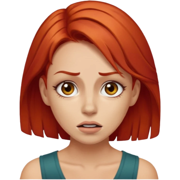 Woman with red hair and brown eyes doing a gross face emoji