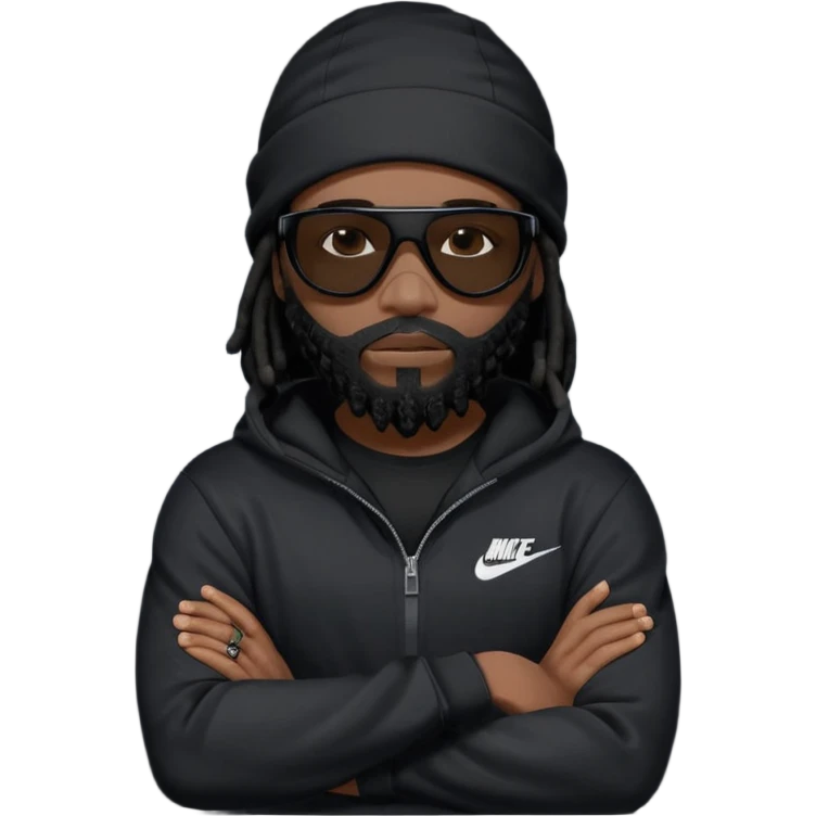 African American man with shoulder length black dreadlocks with black beard wearing black sunglasses wearing a black ski mask covering face wearing a Nike hoodie with his arms folded across chest emoji