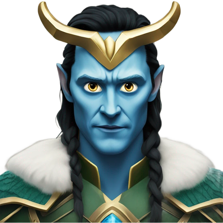 Loki from Thor dark World frost giant with tom Hiddlestons face, blue skin tone with not noticeable accient simbols,Gold crown horns, black mid hair emoji
