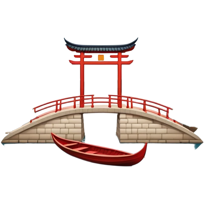 West Lake with Broken Bridge and small boat, Hangzhou, symmetrical composition, simplified emoji style with bold outlines, traditional Chinese arch bridge over water with a small wooden boat beneath emoji