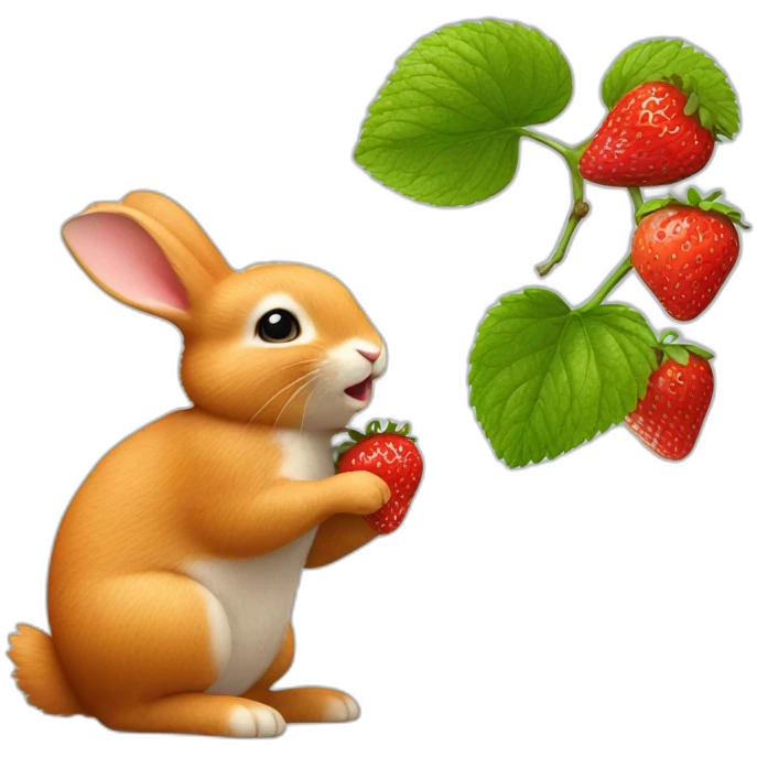 A little ginger bunny reaching up on its hind legs and eating a strawberry off a small branch emoji