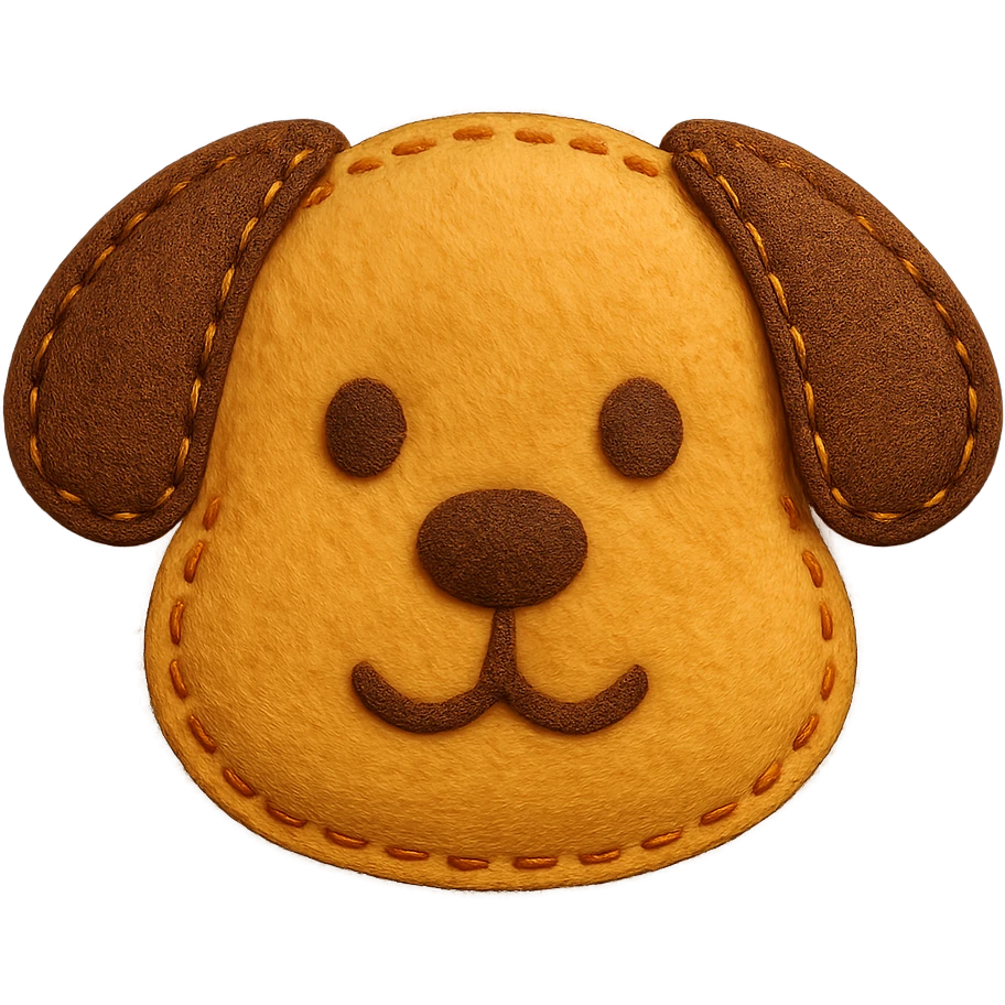 <StylePrompt>
  <Name>Felt Appliqué Plush Style</Name>
  <Description>A soft, handcrafted look inspired by plush felt fabric with visible stitching and a padded 3D texture, rendered on a solid black background.</Description>
  <VisualProperties>
    <Material>Felt</Material>
    <Texture>Soft, fuzzy, with slight fiber detail</Texture>
    <Stitching>
      <Type>Thick thread</Type>
      <Color>Orange or slightly darker tone than fabric</Color>
      <Pattern>Uniform running stitch along outer edge</Pattern>
    </Stitching>
    <Padding>High, plush-like 3D depth</Padding>
    <Edges>Rounded corners</Edges>
    <ColorPalette>
      <Primary>Warm yellow/orange tones</Primary>
      <Accent>Brown or dark orange for facial features and outline</Accent>
      <Background>Black</Background>
    </ColorPalette>
  </VisualProperties>
  <Rendering>
    <Lighting>Soft, even studio lighting</Lighting>
    <Shadows>Subtle drop shadows for depth</Shadows>
    <Perspective>Flat front-facing, symmetrical if applicable</Perspective>
  </Rendering>
  <Applicability>
    <SubjectType>Any object, animal, or letterform</SubjectType>
    <OutputFormat>Icon, emoji, patch-style graphic</OutputFormat>
  </Applicability>
</StylePrompt>

{subject} = dog emoji