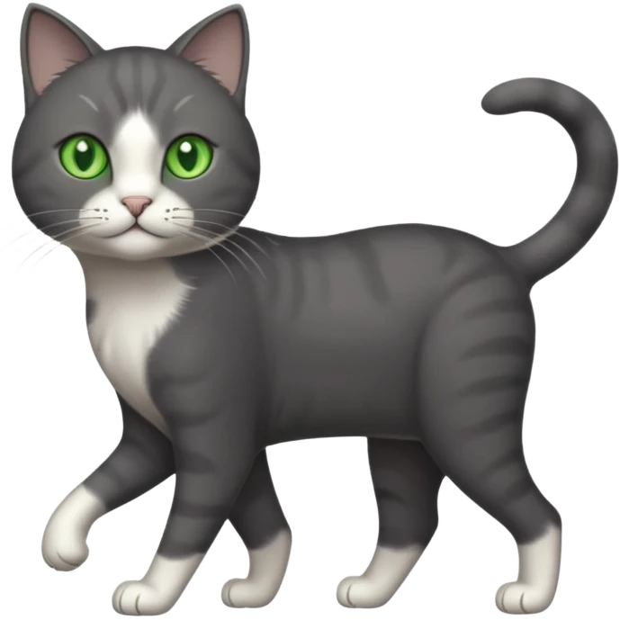 full body solid dark grey cat with green eyes, white paws and white whiskers walking emoji