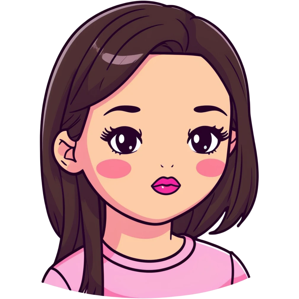 girl with lighter skin, dark brown long straight hair, pouty shiny lips with pink lip gloss, large eyes with eyelashes, pink blush on cheeks, inner eye highlighted with white eyeliner, lighter button nose, long oval-shaped face emoji