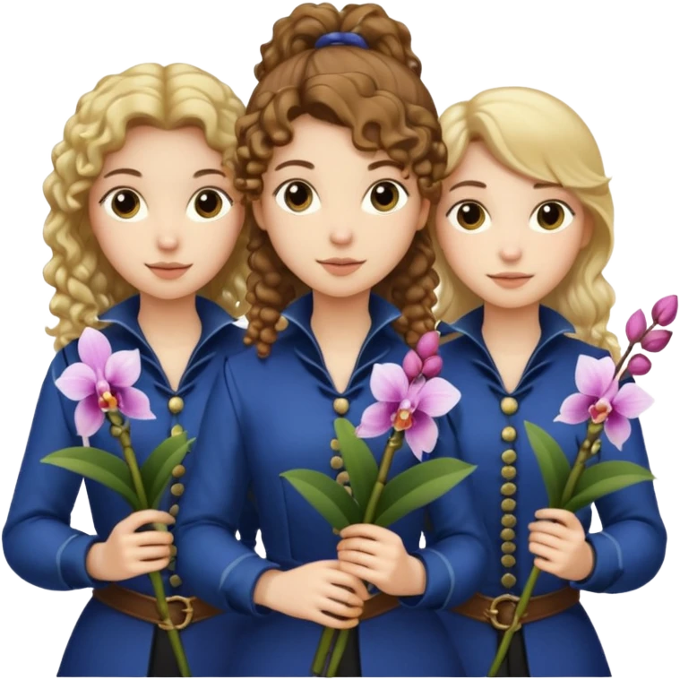 3 female musketeers, one with brown curly hair, one with straight blond hair, one eith blond hair on pony tail, all holding orchids emoji