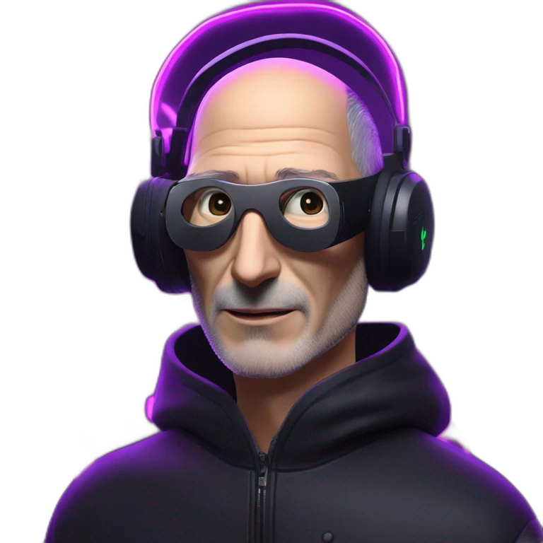 Steve Jobs wearing a black hoodie with "OMG" letters on it and VR headset in a cyberpunk VR environment with violet neon lighting. emoji