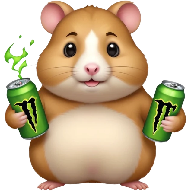 Funny cartoon-style fat hamster with big wide eyes  holding a can of monster energy in one hand and redbull in the other hand emoji