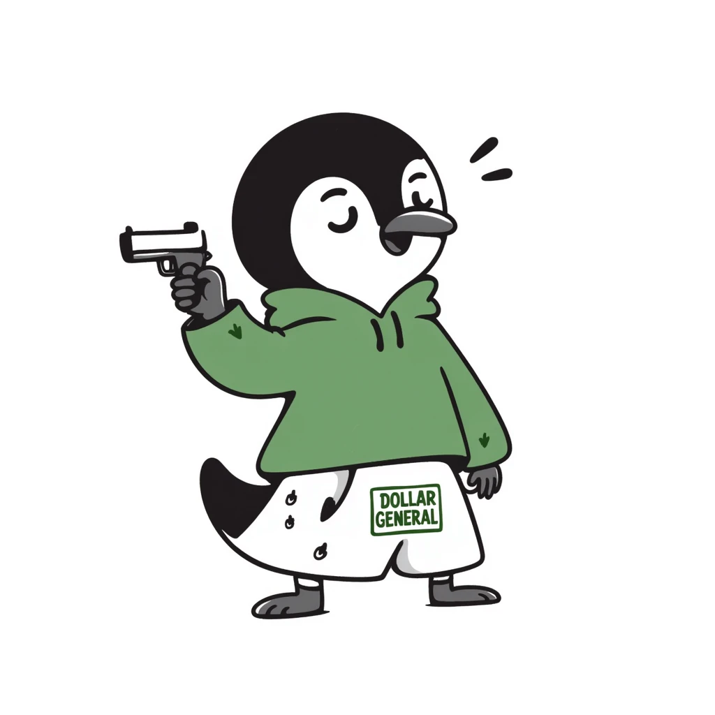 A cute but tough half-dolphin half-penguin thug holding a small gun, wearing a green hoodie with blood stains and Dollar General branded shorts emoji