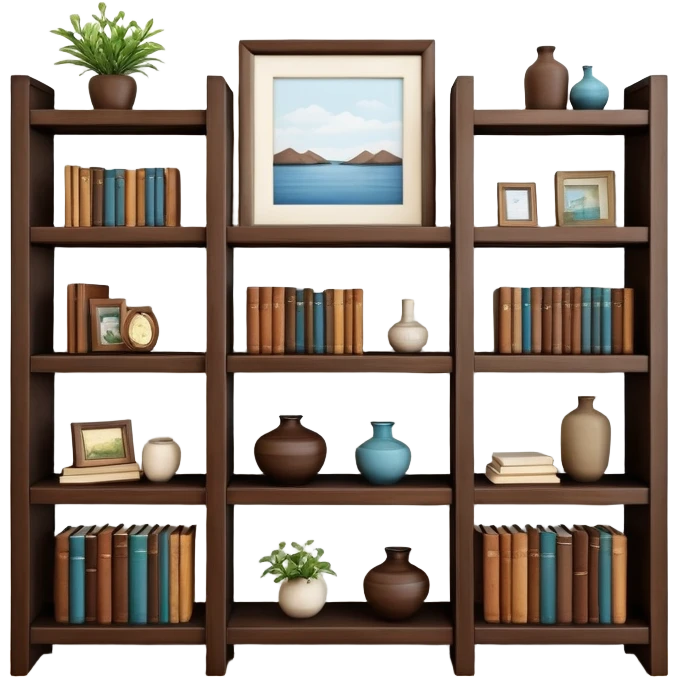 Wooden shelving unit with books and decorative items emoji