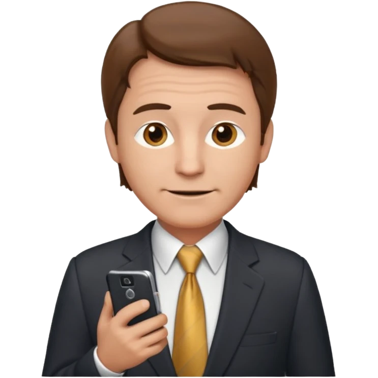 Un hombre  mayor con leve sonrisa de traje con tez clara pelo color castaño, vestido con traje camisa y corbata y celular en mano .  emoji