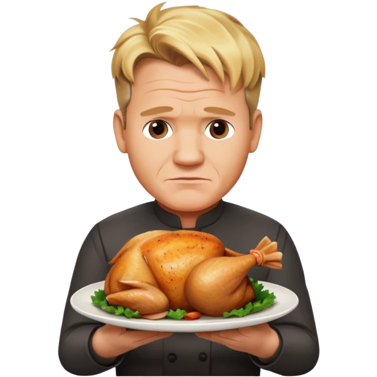Gordon Ramsay with a stern look, holding a plate with a whole cooked chicken emoji