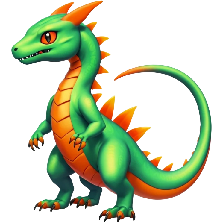 Cute Shiny neon-green iridescent Guilmon-Salandit-Fakémon-hybrid-creature (full body)  emoji