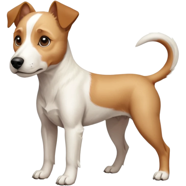 a full body facing front on of a buff white parson russell terrier looking dog the size of a kelpie with light brown long ears resting on its face and a light brown patch above one eye and a large snout. the rest of the dog is completely white.  emoji