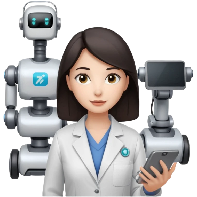 female AI robotics engineer with dark hair, and mobile robot near emoji