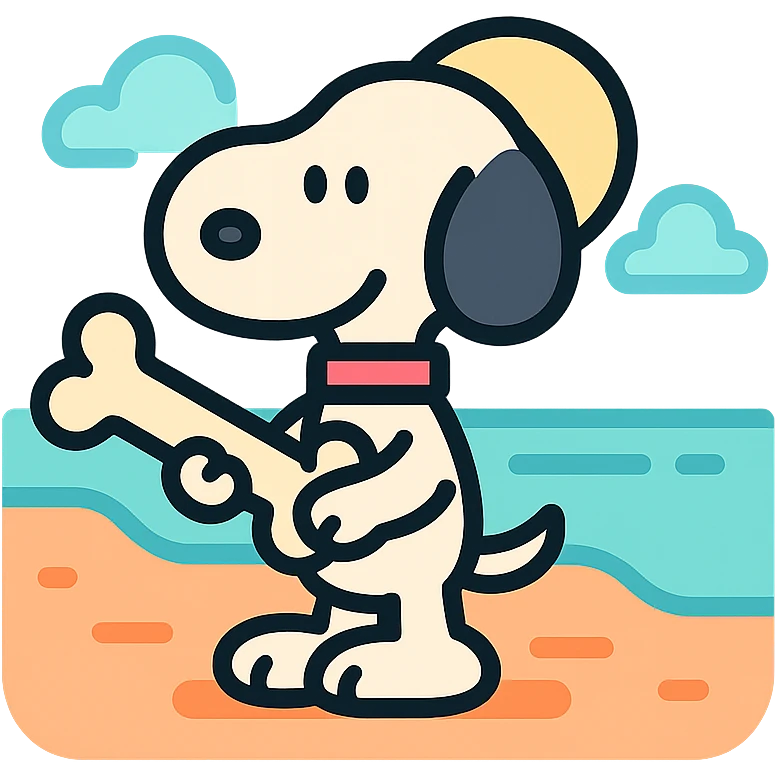 Snoopy, outlined, pastel colors, holding a bone, with a beach background emoji