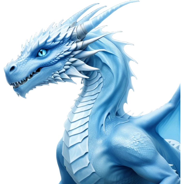 Cinematic Noble wise elegant Ice Dragon Portrait Emoji, Poised and imposing, distinct long elegant snout, with a slender, scaled body shimmering in glacial hues of icy blue, frostbitten silver, and crystalline white, breathing out frost, with piercing, glowing ice blue white eyes that radiate the chilling depths of an arctic storm; rendered in detail. Breathing out a frost mist emoji