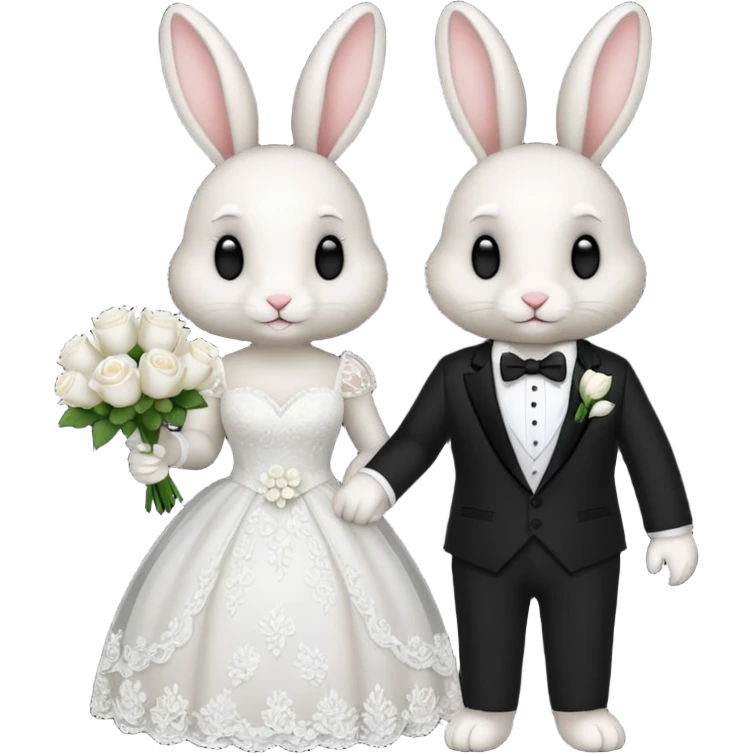 a couple bunnies, one in a wedding dress and a bouquet of white roses. The other one in a suit  emoji