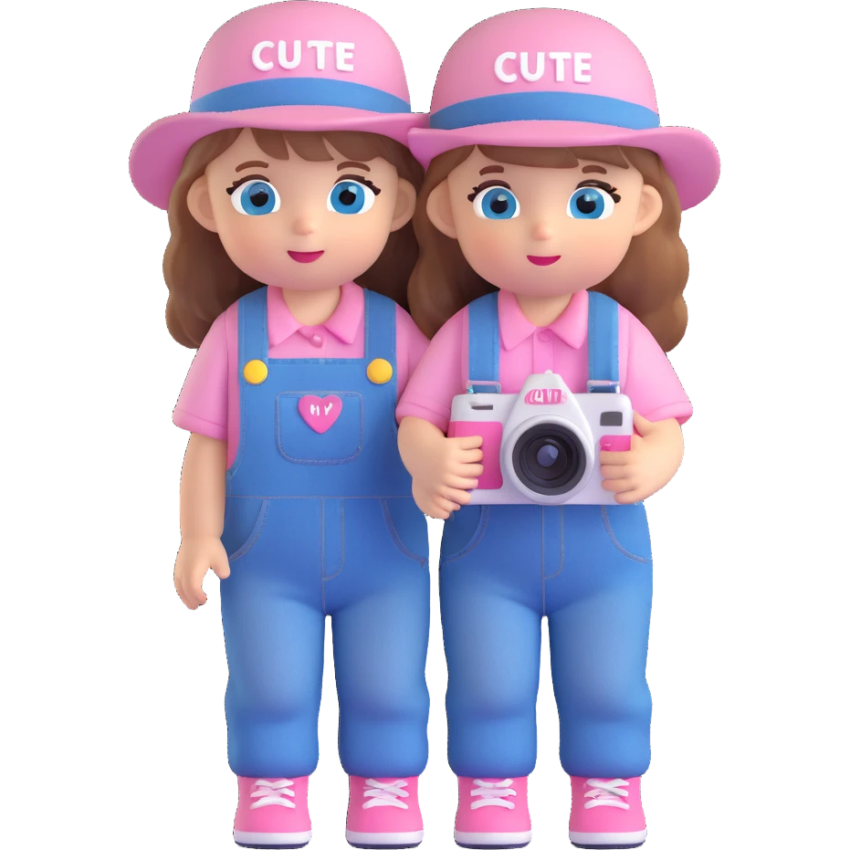 3D cartoon character design of a cute baby girl with golden brown hair, big blue eyes, pink blush, wearing denim overalls with the word 'cute' printed on her clothes, a cute hat, big head and small body, holding a camera, front view emoji