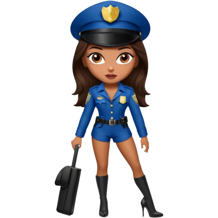 A sexy bratz girl. with caramel skin. Dark brown hair and brown eyes. She has freckles. Wearing sexy makeup. Dressed as a sexy cop. wearing lingerie. black heels on emoji