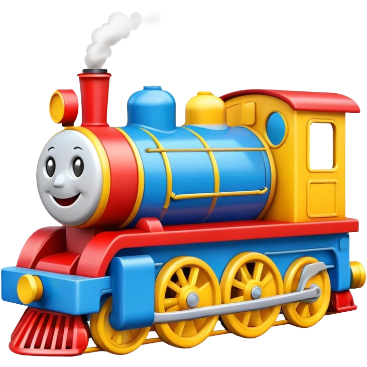 A colorful toy train engine with a big happy smiling face on the front emoji