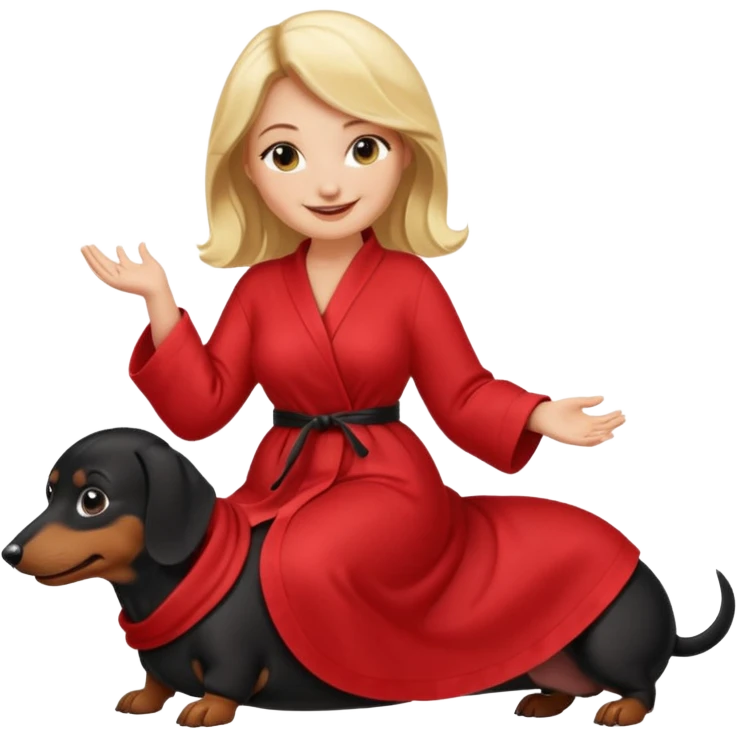 A blonde curvy woman riding on top of a black mini-dachshund wearing a red robe emoji