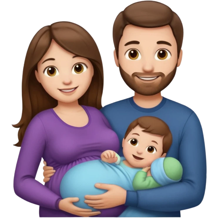 "Pregnant woman with long brown hair and fair skin and man with short brown hair and fair skin  holding one baby  smiling."
 emoji