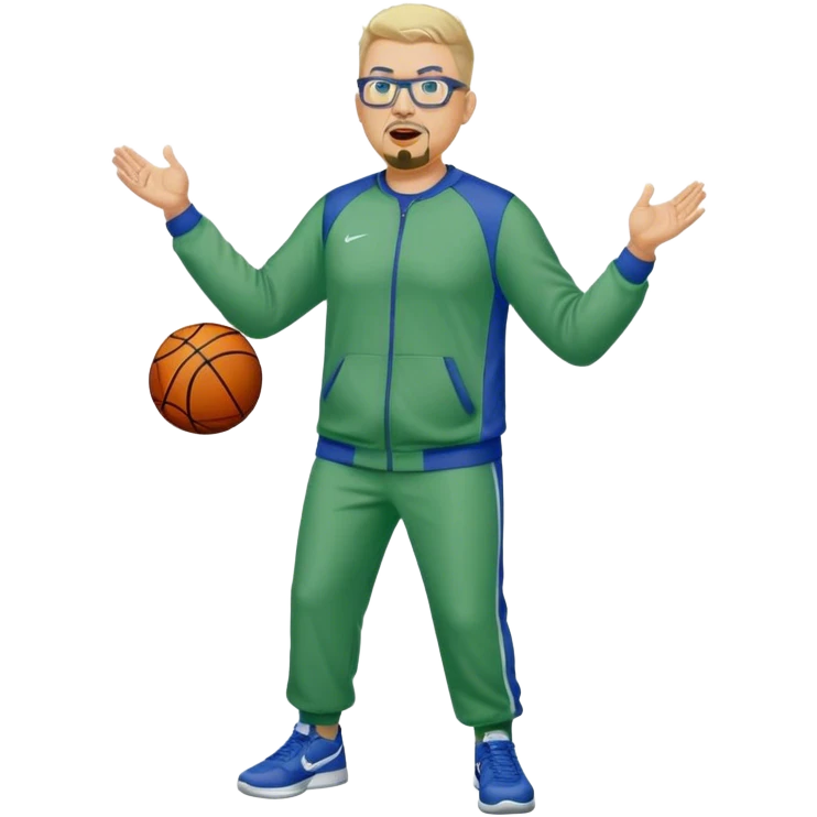 Full Body white male plus size wearing glasses with a goatee with light blonde and gray very short hair yelling basketball head Coach in blue and green Nike dry sweat suit emoji