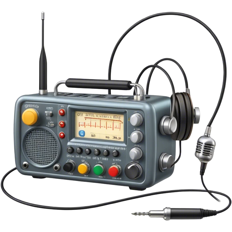 A photorealistic icon featuring a ham radio transceiver, headphones, microphone, antenna, and radio equipment like soldering tools and cables. The design includes detailed textures and realistic lighting, symbolizing the passion for amateur radio and communication. Transparent background. emoji