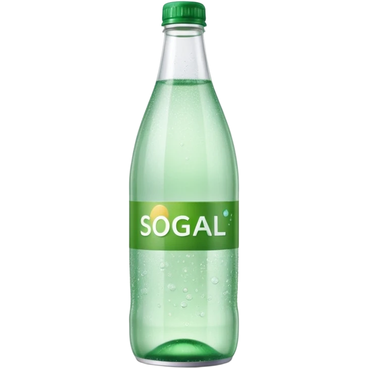 transparent bottle of sparkling water, green cap, clear fizzy water with bubbles, soft reflections, minimal blank label, 3D, refined, soft lighting, no anthropomorphic features, no extra elements, emoji scale emoji