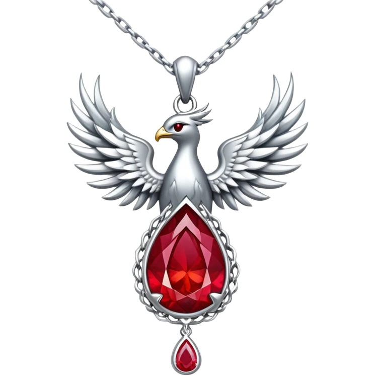 cosmic phoenix talisman: teardrop ruby radiating rebirth energy, ember edges, silver chain floating emoji