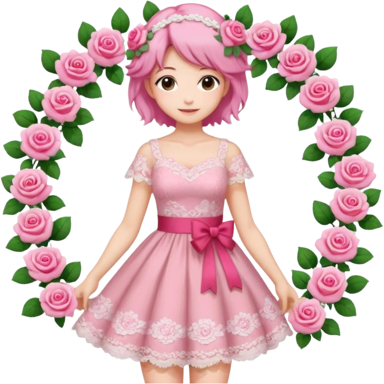pastel anime woman with pink and white lace dress full body and roses in hair emoji