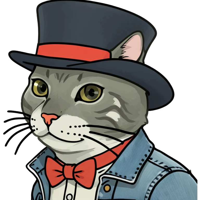 Cat in a Jean jacket wearing a top hat emoji