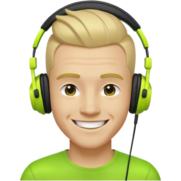 yellow-skinned guy head with slicked back black undercut hair and neon green headphones, smiling emoji