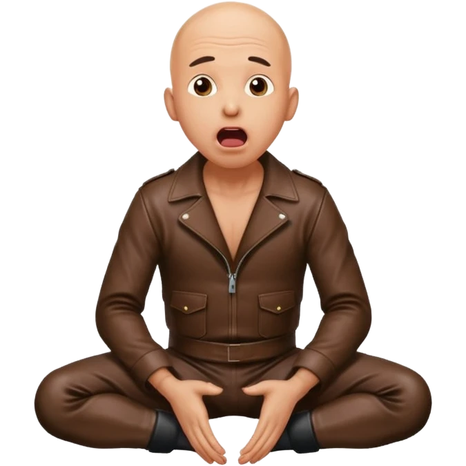 Bald man in leather on his knees, frightened with his tongue out, looking up emoji