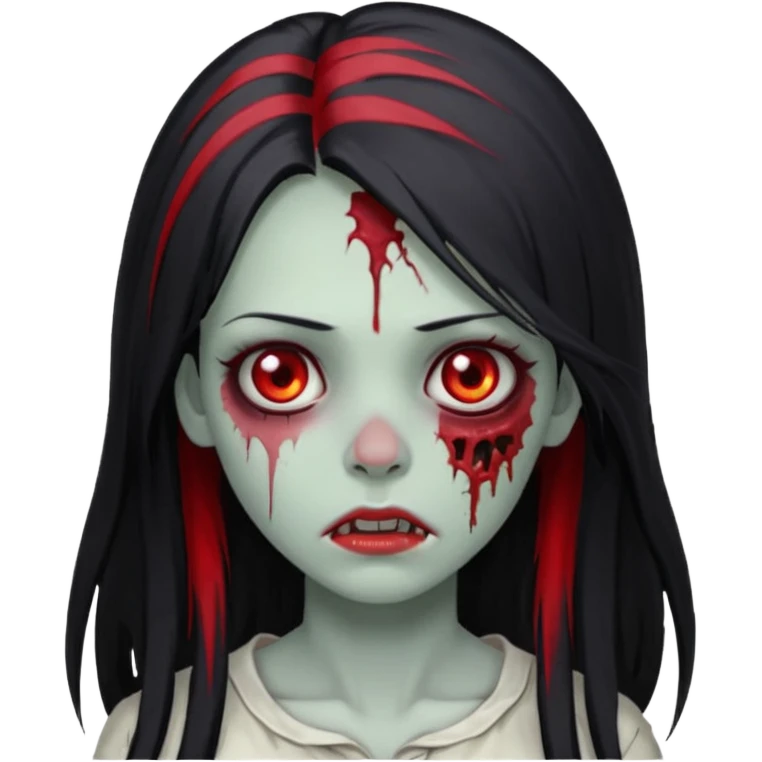 Garota zumbi cabelo longo preto, mevhas vermelhas nas laterais na frente da cabeça emoji