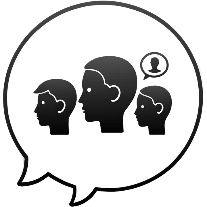 Minimalistic flat vector icon, iOS style, thin black contour on white background. Human head with speech bubble and small group of people silhouettes listening. Clean, no text, no shadows emoji