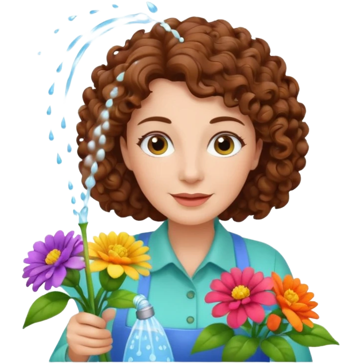 Older female florist – curly hair, spraying water on fresh flowers emoji