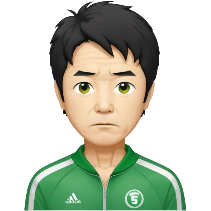 Seong Gi-hun : age 60, slim man with messy, unkempt black hair, Green player tracksuit,  emoji