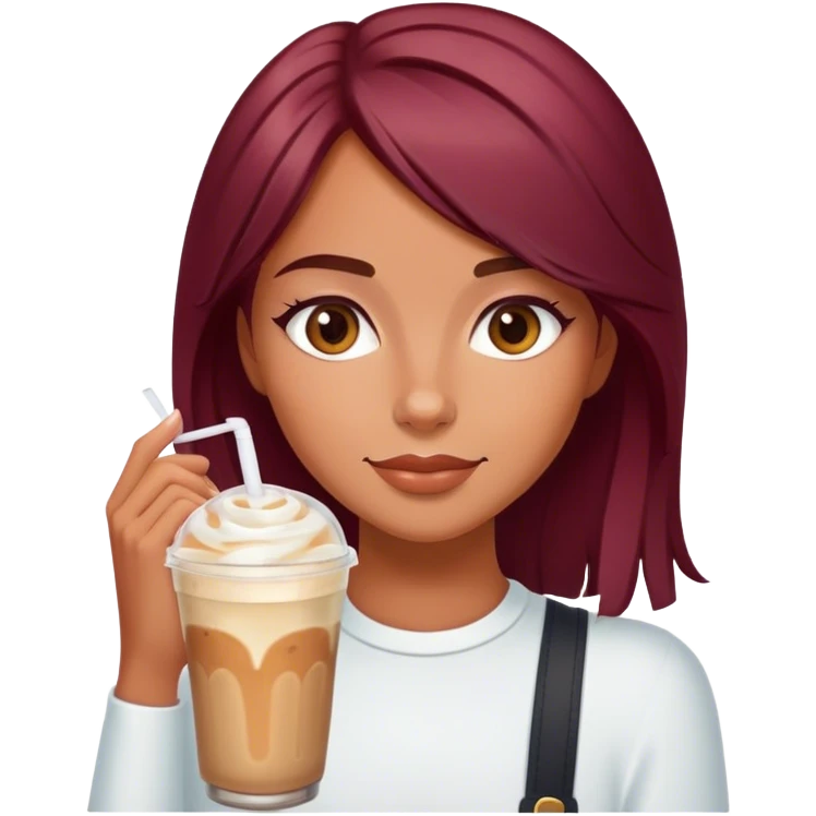 Burgundy haired tanned girl with iced latte emoji