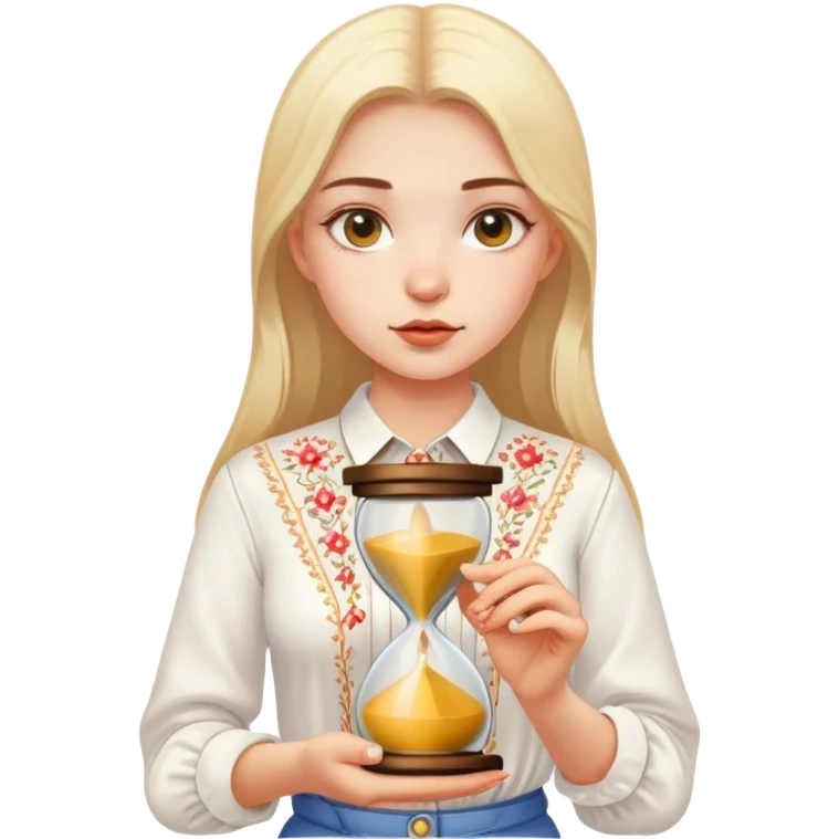 A Ukrainian girl in a white embroidered shirt holds an hourglass in her hand emoji