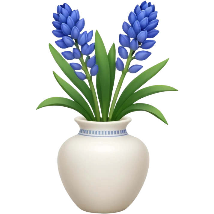 A small white ceramic vase holding a delicate blue hyacinth with soft green leaves — simple, elegant, and calming in a cozy, minimalist style. emoji