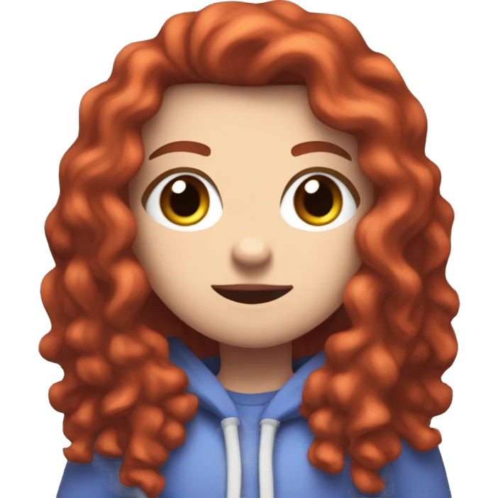 a white girl with long red curly hair, wearing periwinkle Minecraft hoodie playing a videogame emoji